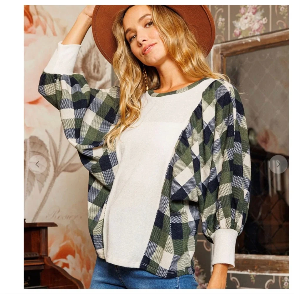 Boho Check Pattern Color Block Balloon Sleeve Top - Picture 4 of 5